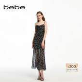 长款 bebe夏季 新款 荡领印花透视开叉吊带雪纺连衣裙250078