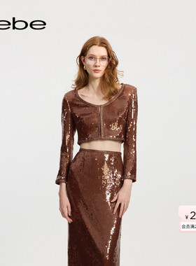 bebe冬季系列女士短款咖啡色V领亮片时尚设计开衫上衣480132