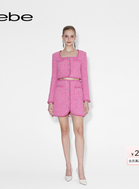 bebe冬季系列小香风粗花呢开叉设计感半身裙420207