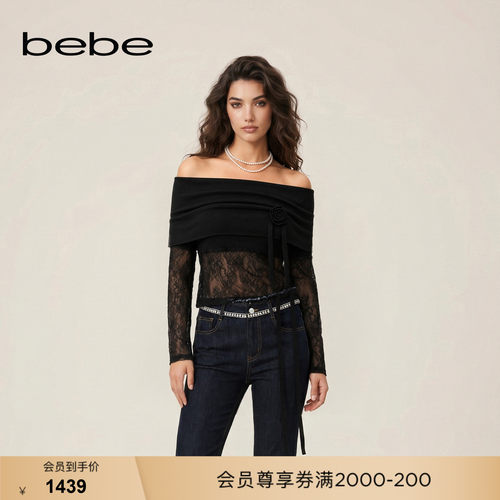 【博主同款】bebe2026秋季新款蕾丝镂空含羊毛针织上衣330505