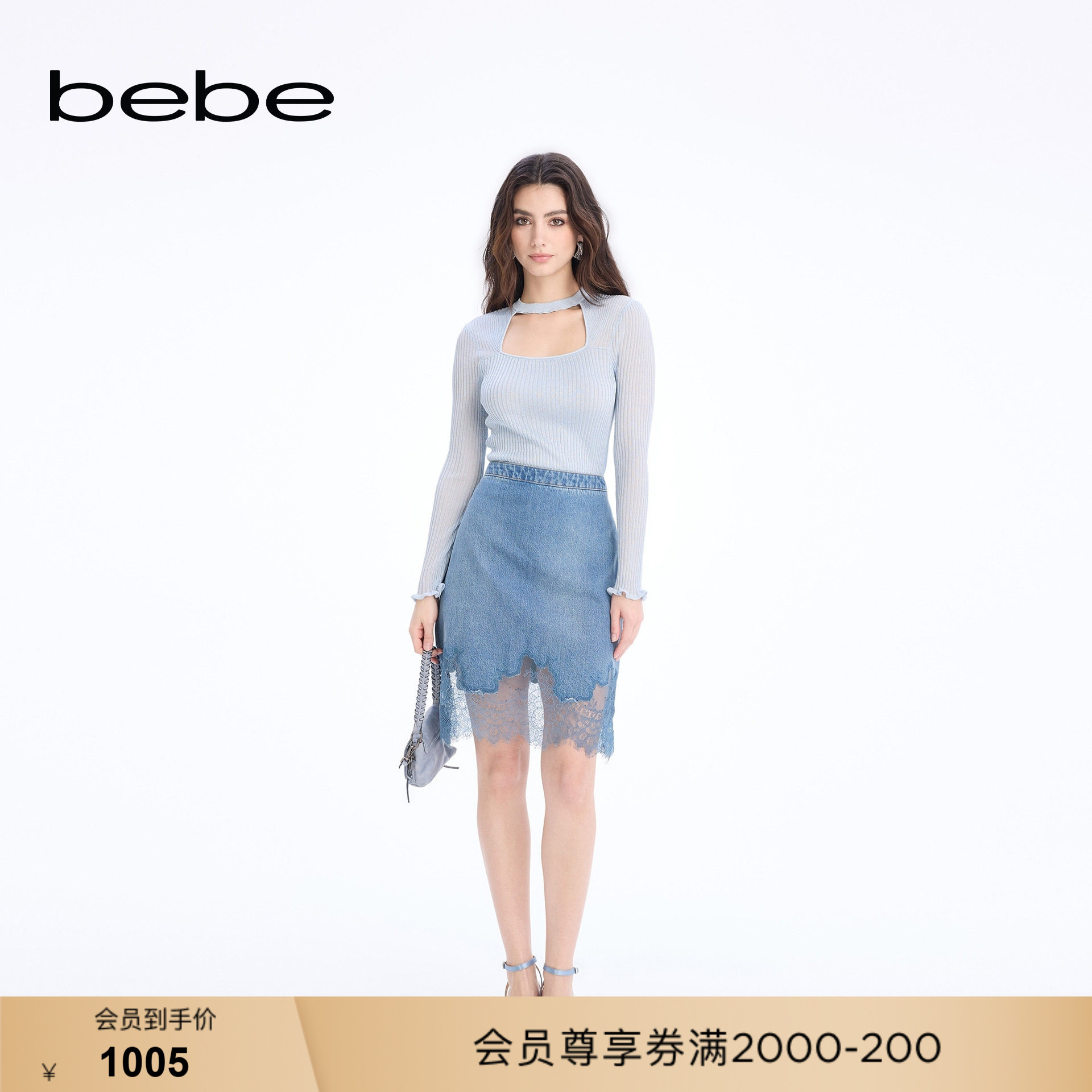 bebe2026春季新款女士含棉牛仔拼接蕾丝千金风半身裙120303