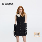 bebe冬季 女士含羊毛优雅法式 都市绣花翻领粗花呢连衣裙450004