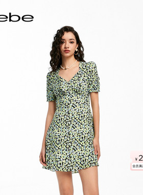 bebe夏季系列女士薄款印花泡泡袖连衣裙250031
