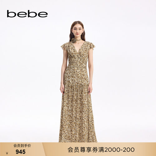 bebe秋季新款褶皱印花连衣裙