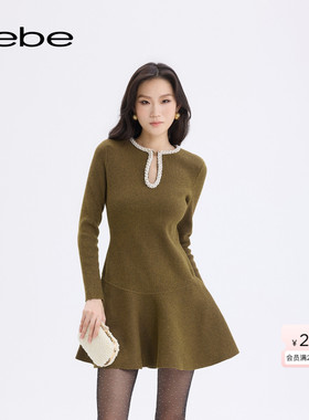 【博主同款】bebe2025秋冬新款女士水滴领长袖鱼尾连衣裙430915