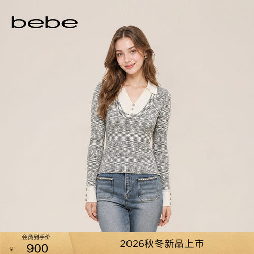 bebe2026冬季新款女士复古风段染渐变polo翻领含羊毛针织上衣