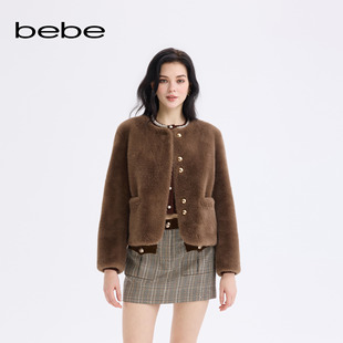 bebe2025秋冬新款女士轻奢感百搭圆领直筒型毛绒感短外套402108