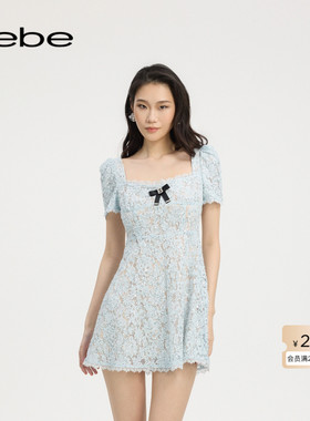 bebe2025夏季新款女士亮片泡泡袖蝴蝶结缀饰蕾丝连衣裙250019