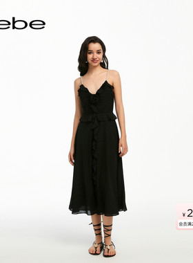 bebe夏季系列女士气质薄款抽褶荷叶边连衣裙250001
