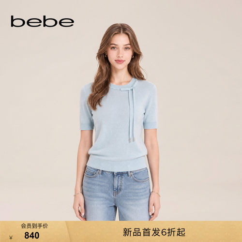 bebe2026冬季新款通勤风圆领短袖立体飘带山羊绒针织上衣430401