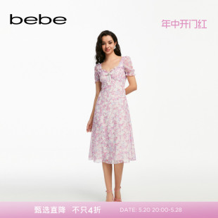 蝴蝶结长款 bebe2024夏季 新款 女士薄款 碎花印花连衣裙250008