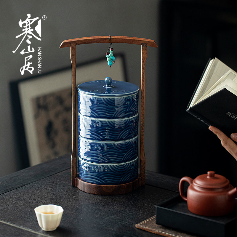 寒山居中式提梁茶点盒陶瓷实木果盘收纳盒多层点心盒复古风摆件盒