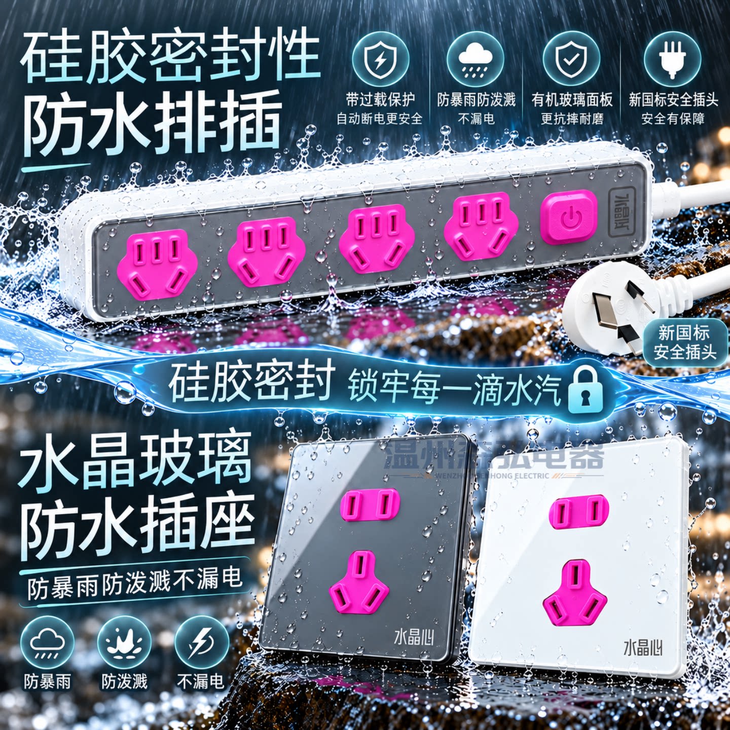 国际电工防水排插浴室卫生间户外防水插座防水防漏电插线板拖线板