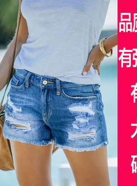 大码牛仔短裤女胖mm高腰牛仔破洞短裤显瘦百搭弹力热裤夏季裤子潮
