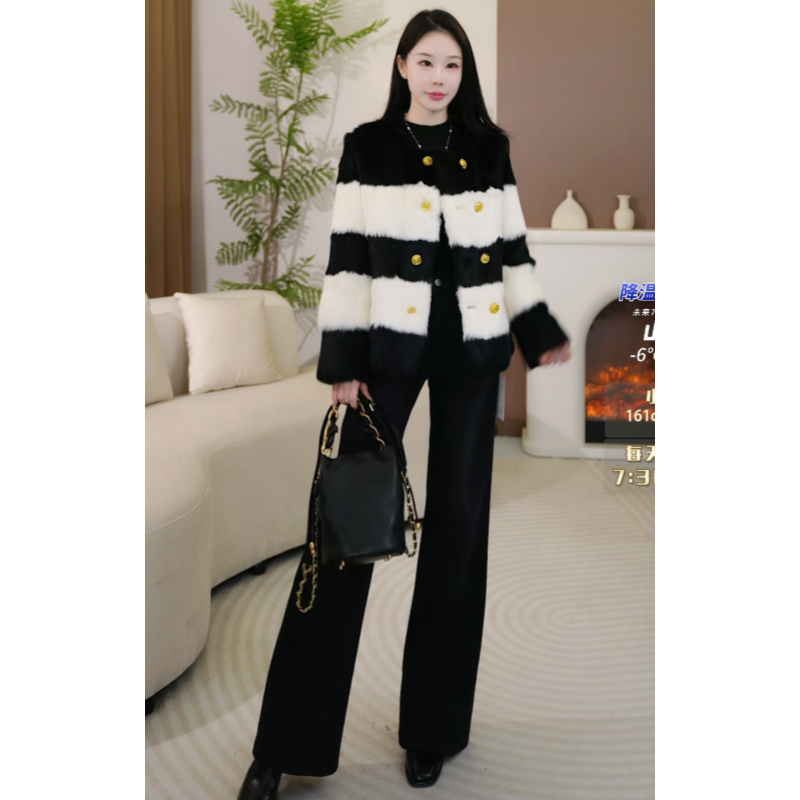 【香家同款进口兔毛皮草】690g时尚撞色兔毛外套X YLYY-2521
