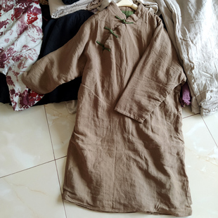纯苎麻加厚夹棉中长款棉服女装立领盘扣棉袍长袖复古棉麻上衣冬季