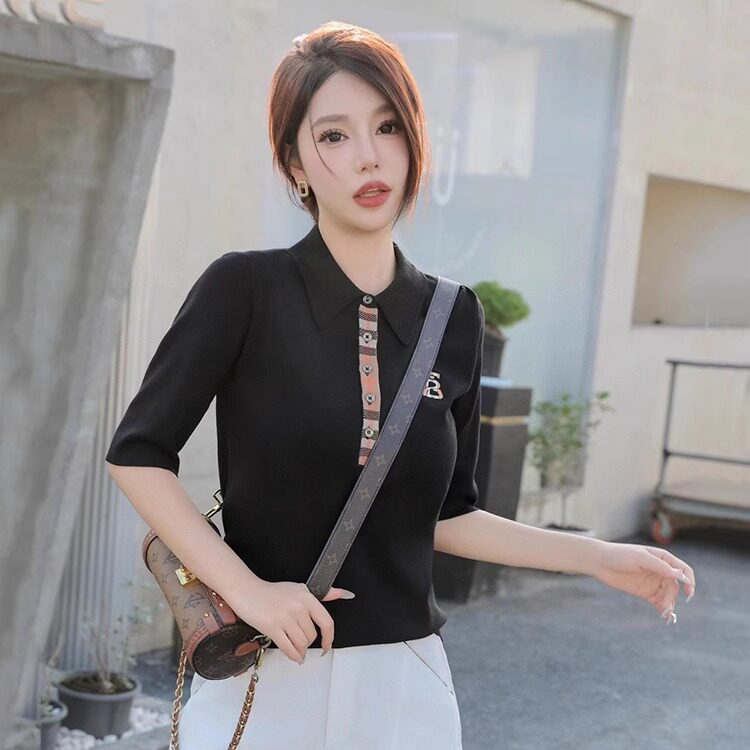 春季新款2025英伦风女装经典简约纯色修身显瘦短袖套头针织polo衫