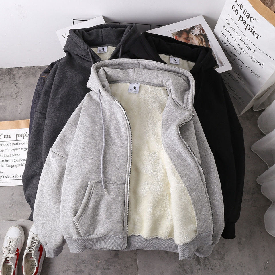 Coat 2020 new women's autumn and winter Plush thickened Korean student versatile loose hooded zipper cardigan sweater