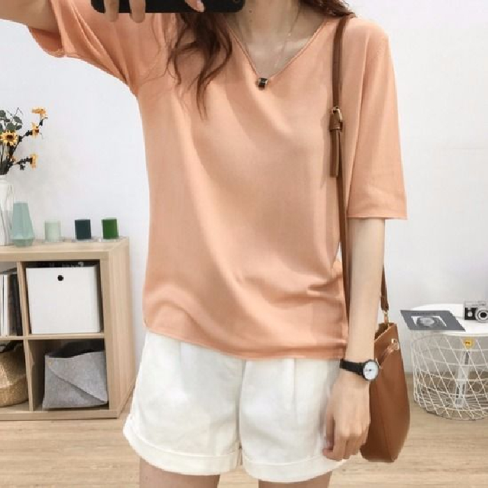 Simple and versatile basic round neck V-neck short sleeve ice silk T-shirt for women's summer loose and thin solid color top