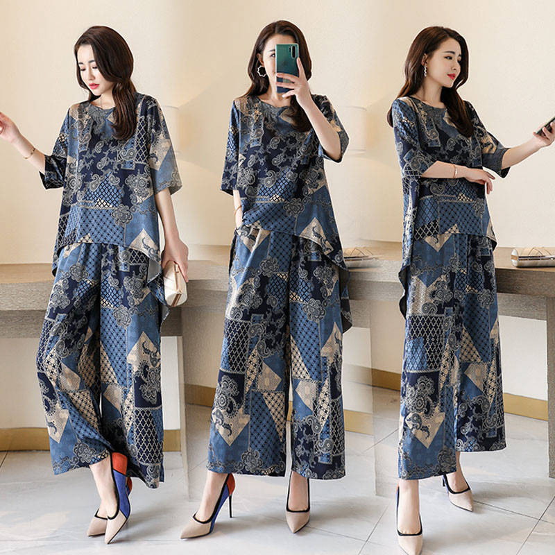 Summer national style large women's ice silk printing set retro Chinese style short sleeve wide leg pants two piece set
