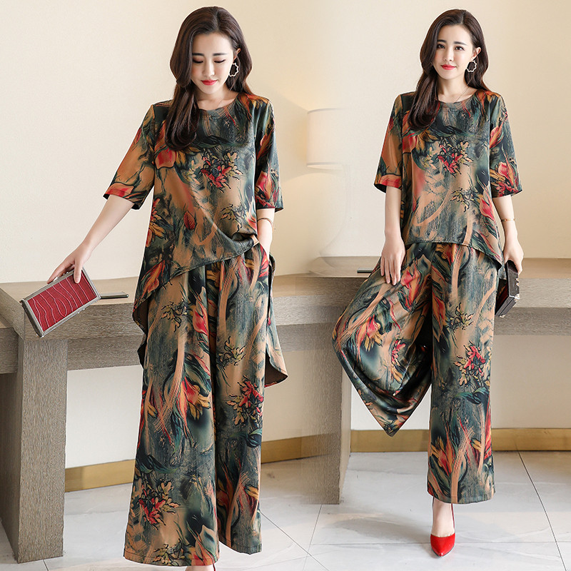 Your wife's high-end imitation ice silk printing summer new suit mother's summer dress foreign style wide leg pants two-piece set