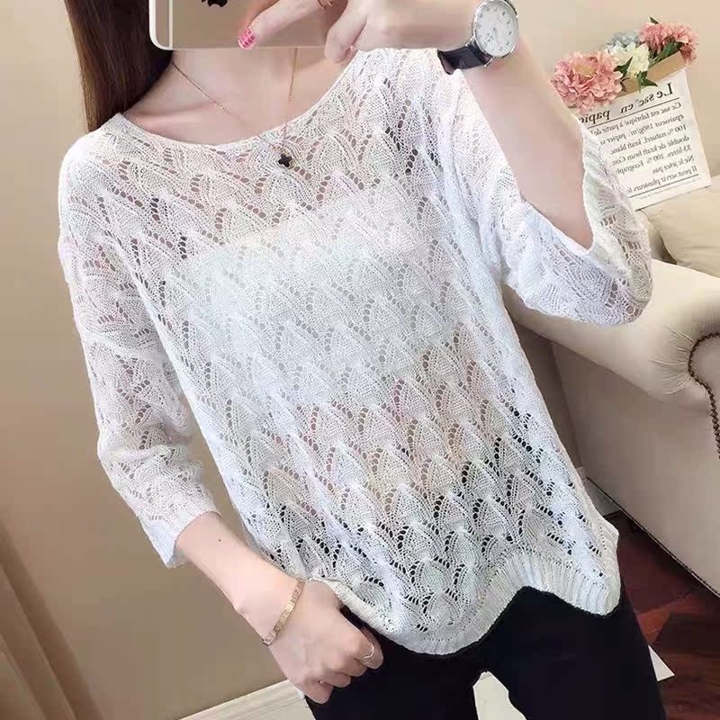 Summer wear, new Kwai neck knitwear, women's seven point sleeves, loose shirts, pure color hooks, hollowed blouse, Korean version of thin hand.