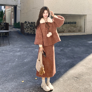 法式复古毛呢套装女2025冬季新款设计感翻领保暖淑女风时尚套装图片