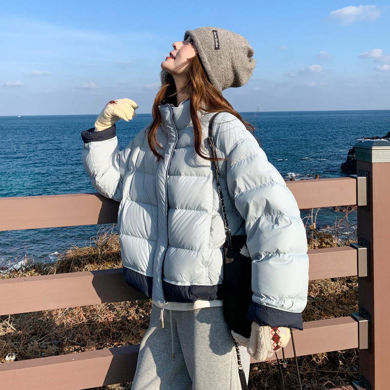 韩系撞色拼接立领羽绒服女2025年冬季新款高级感加厚90白鸭绒外套,女装短外套,2C221