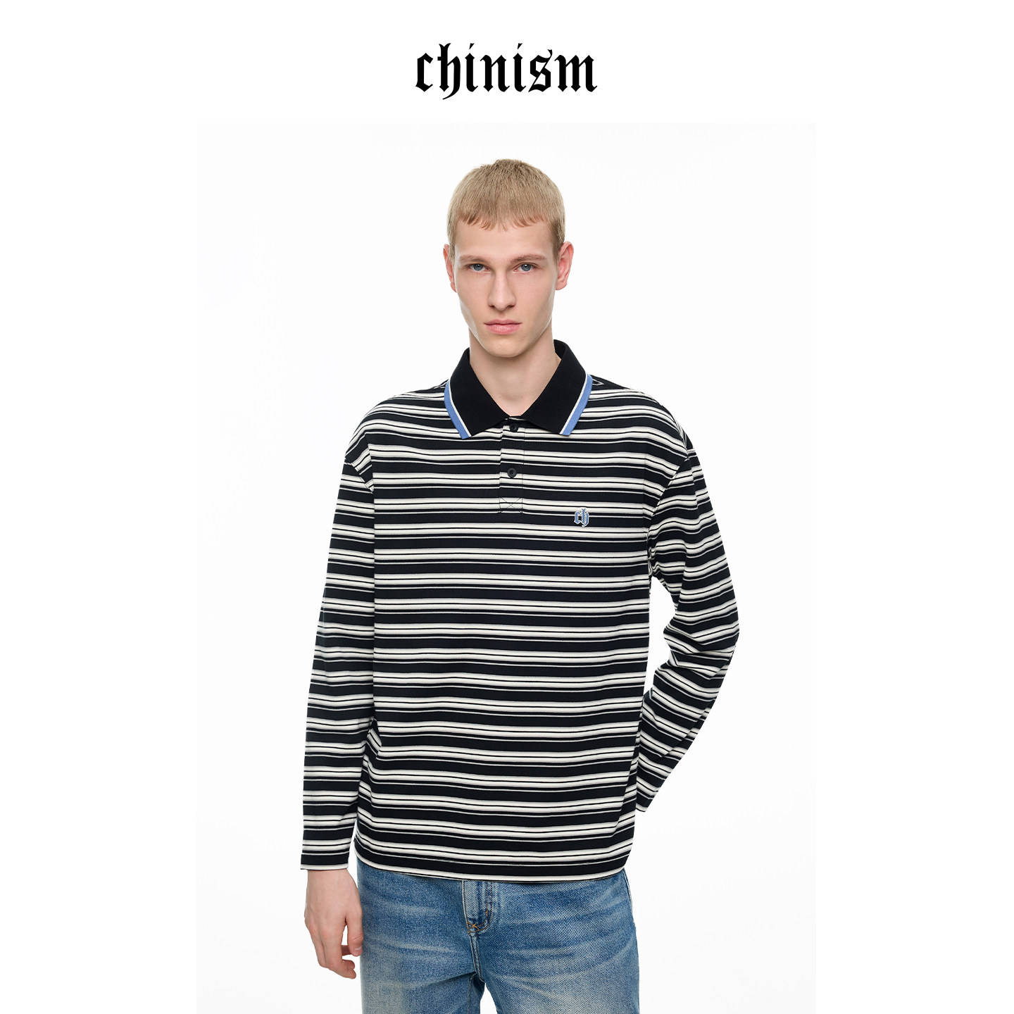 CHINISM丨polo领长袖T恤男春季新款条纹撞色上衣翻领打底衫,男装,T恤,淘宝优惠券,粉丝福利购,淘宝优惠卷