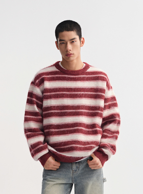 CHINISM丨红色条纹羊毛圆领毛衣男冬季慵懒休闲宽松针织衫上衣