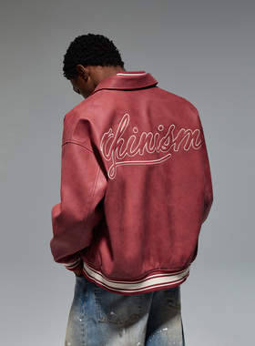 CHINISM丨岩纹翻领pu皮夹克男秋季美式皮衣男士棒球服红色外套