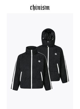 CHINISM丨灯芯绒撞色连帽可拆卸羽绒服男冬季加厚黑色保暖外套