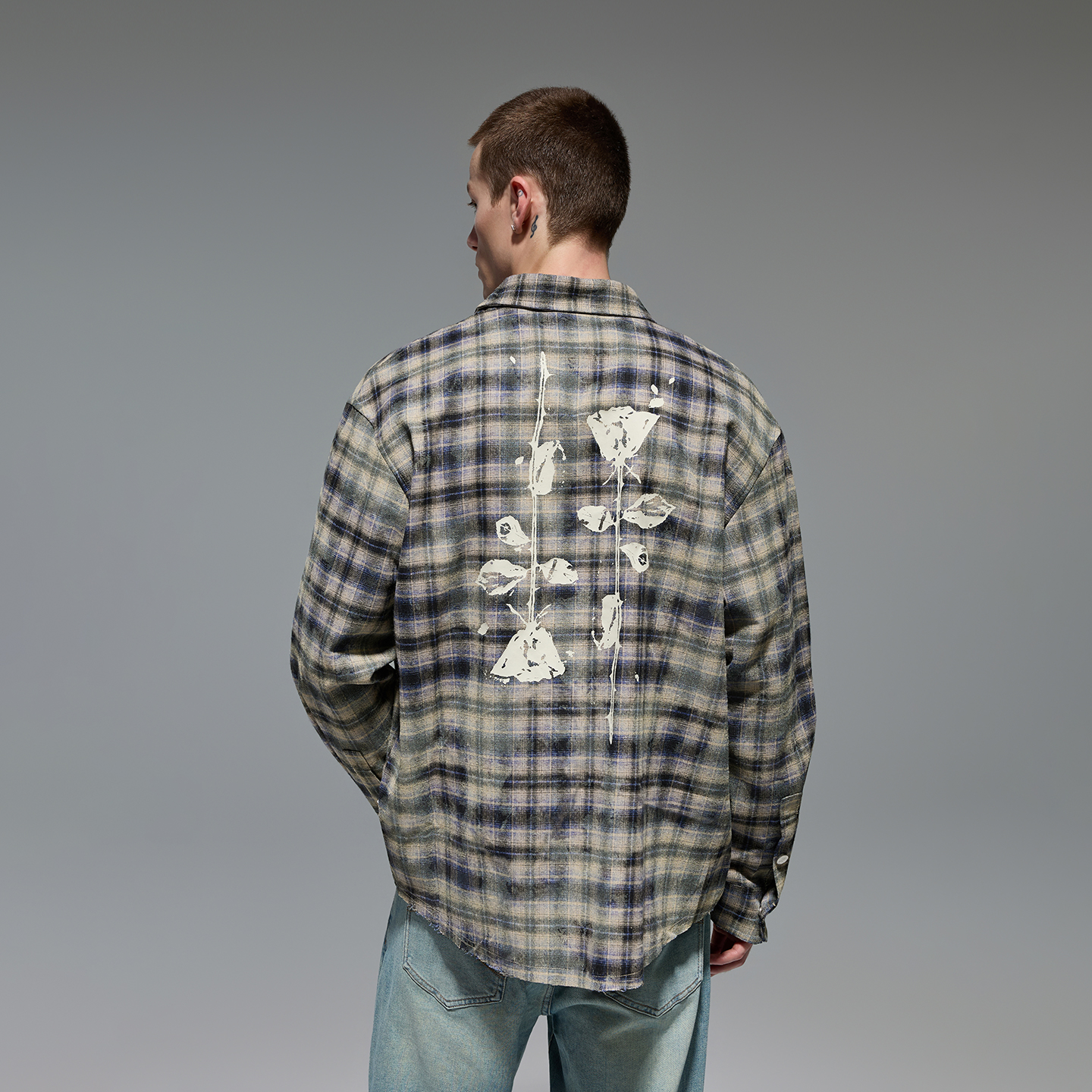 CHINISM赤尘印花长袖格子衬衫男