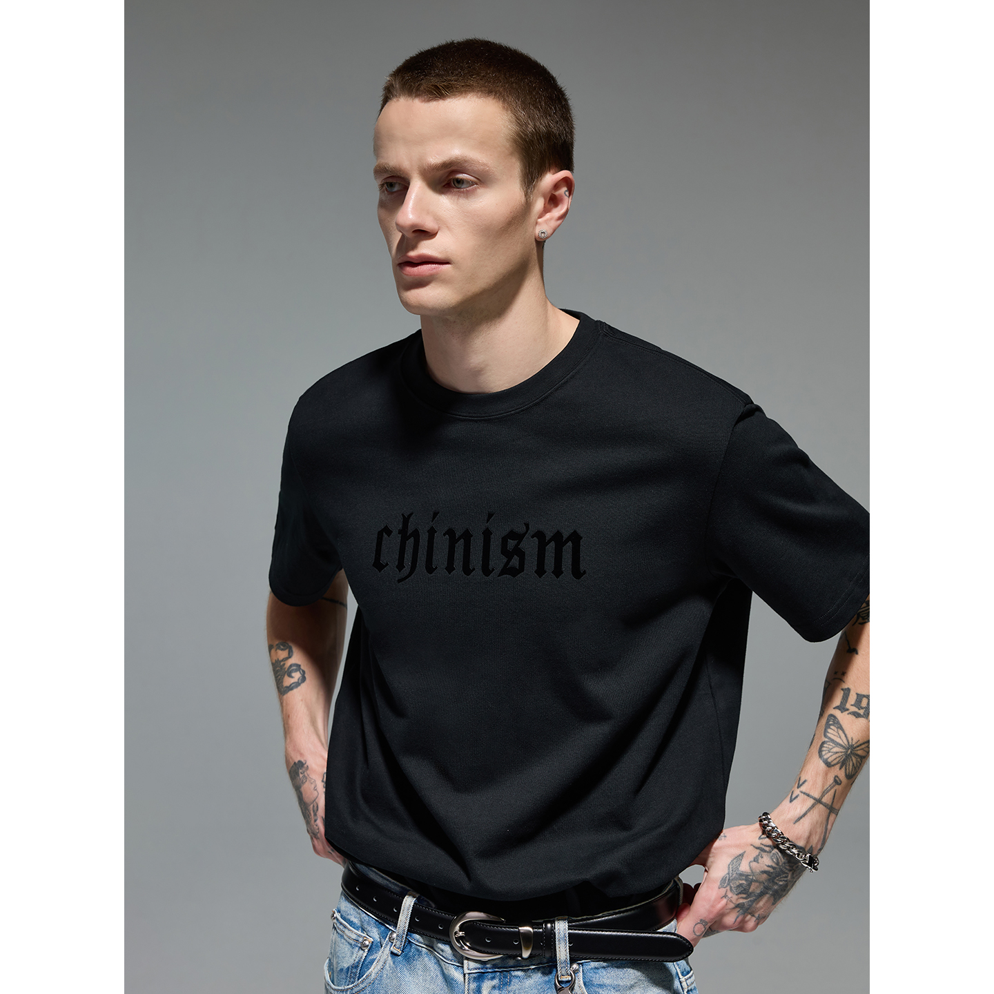 CHINISM赤尘植绒印花短袖男