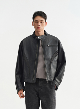 CHINISM丨黑色环保PU立领机车夹克男冬季男士新款美式皮衣外套