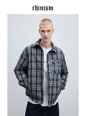CHINISM丨刺绣格子宽松羽绒服冬季男士复古休闲外套/CXHB43D4040