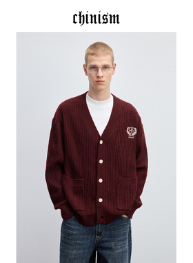 CHINISM丨羊毛混纺开衫毛衣男春季v领绣花简约外套/CXHC11L7011
