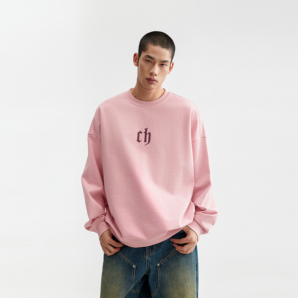 CHINISM丨字母厚板印花圆领卫衣男纯棉休闲套头上衣/CESA34K1024