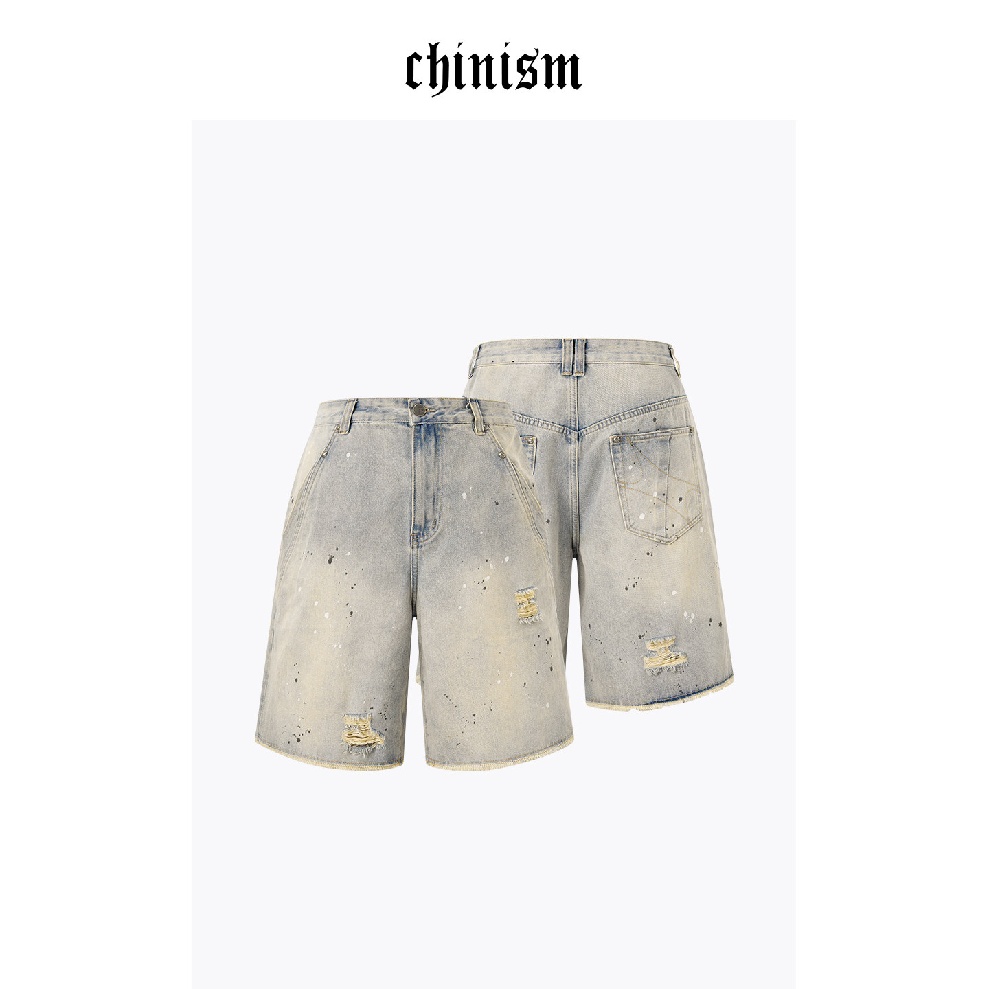 CHINISM丨水洗泼墨毛边牛仔短裤男夏季直筒五分裤/CXQB24M3109,男装,短裤,淘宝优惠券,粉丝福利购,淘宝优惠卷