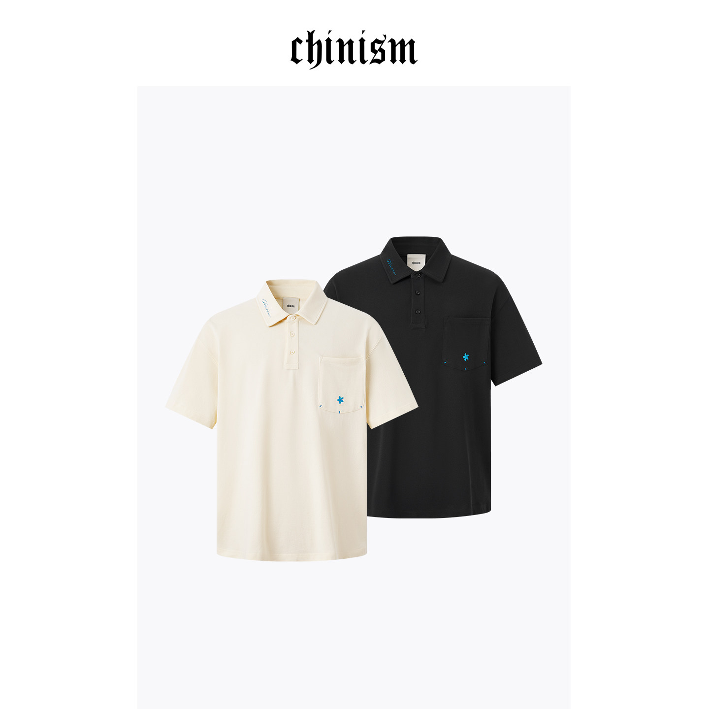 CHINISM丨撞色口袋绣花短袖polo衫男夏季新款轻薄男士休闲上衣