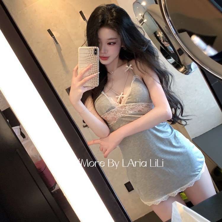 性感睡衣女秋冬小胸带胸垫莫代尔纯棉吊带睡裙大码蕾丝低胸连衣裙