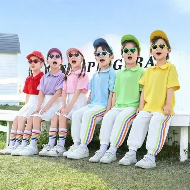六一儿童啦啦队演出服幼儿园毕业季班服糖果色POLO衫男女童大合唱