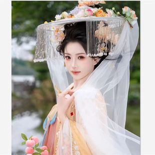 汉服斗笠面纱走秀流苏串珠帽子古风金色珠帽幕篱防晒同款帷帽女士