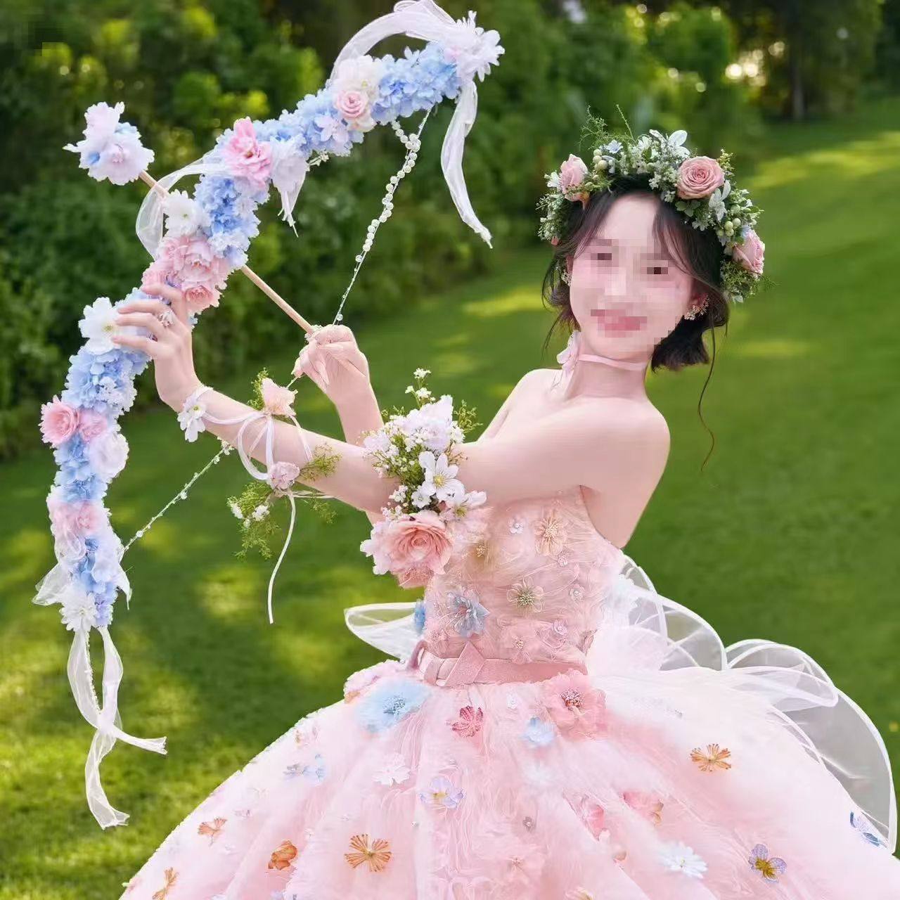 婚纱影楼旅拍摄影户外粉色花神道具大号秋千捧花粉色系弓箭粘花伞