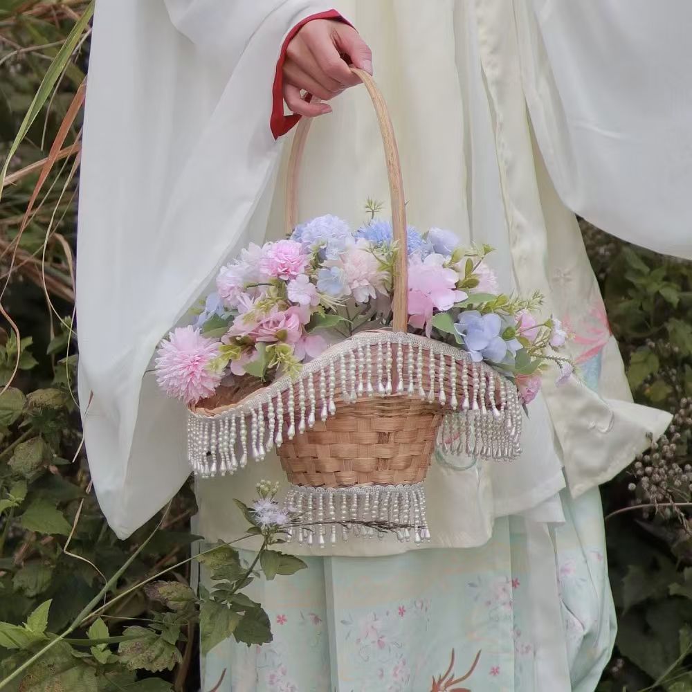汉服摄影道具花篮古风舞蹈拍摄花篮魏晋风田园小花篮直播竹编小篮图片