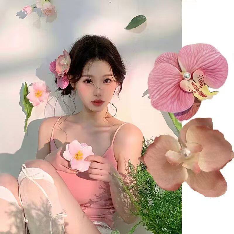 超仙氛围感蝴蝶兰发夹甜美仿真花朵侧边夹超出片拍照海边头花头饰