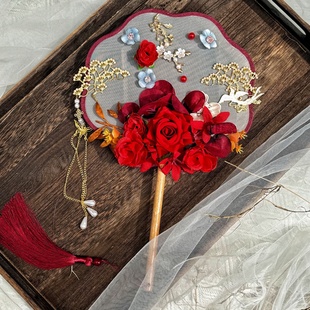 原创成品绢花团扇羽毛超仙汉服配饰舞蹈走秀古代扇子古风圆扇百搭