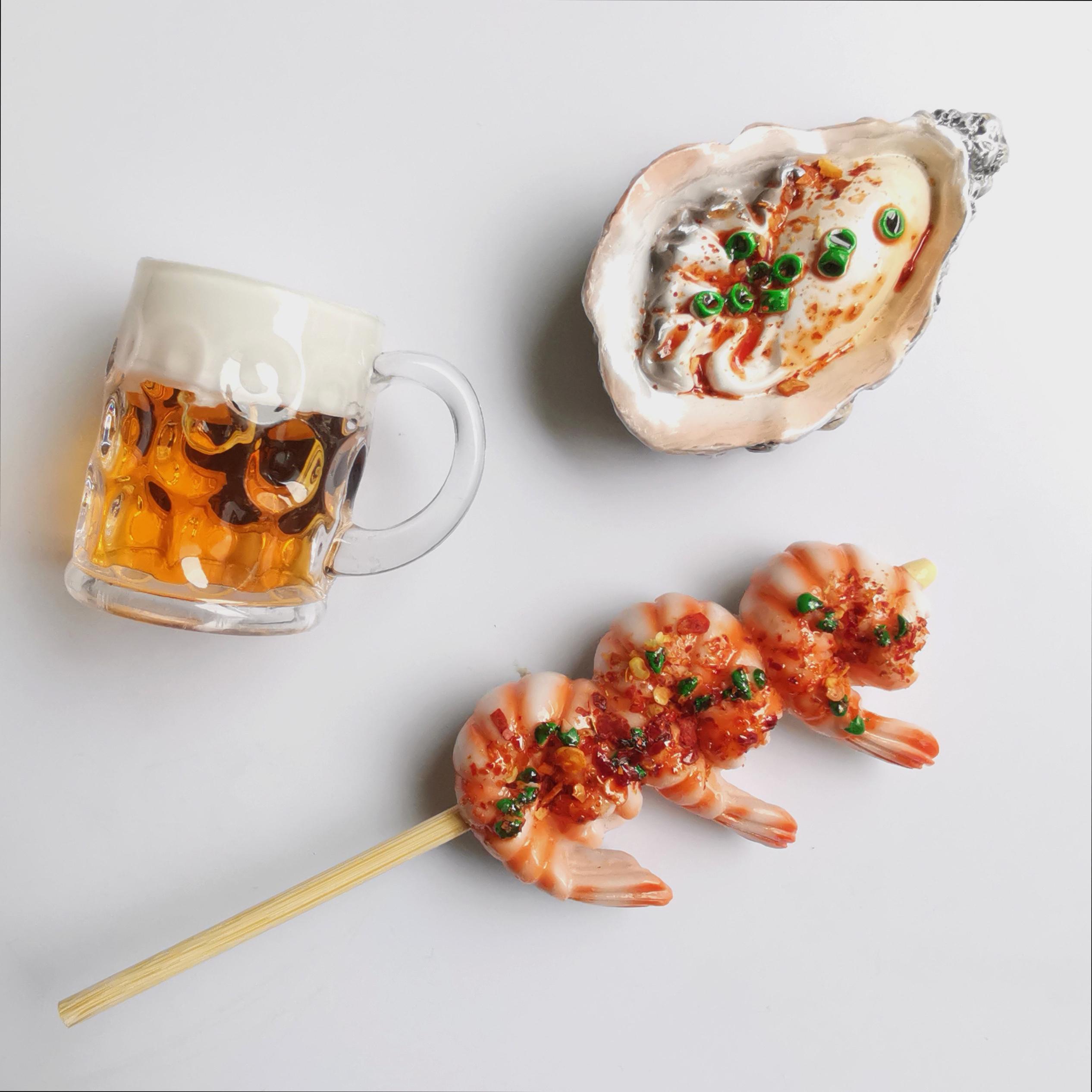 生蚝烤虾串与啤酒创意个性冰箱贴