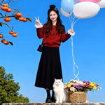 秋冬季针织衫减龄气质穿搭一整套女小香风红色毛衣半身裙两件套装