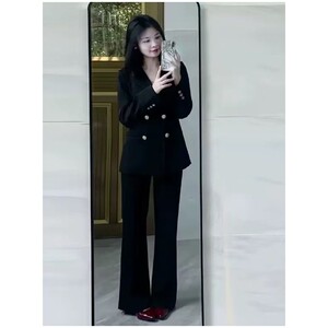 黑色西装外套女正装2025春秋新款高级感面试职业西服套装微喇叭裤